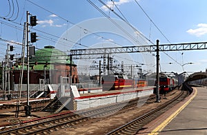 Train on Leningradsky railway station-- is one of the nine main railway stations of Moscow, Russia