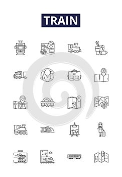 Train line vector icons and signs. Rail, Journey, Tracks, Express, Caboose, Freight, Wheels, Engine outline vector