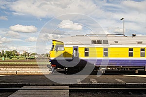 The train locomotive is parked at the railway station, Daugavpils, Latvia