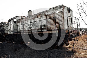 Train locomotive on the ruins