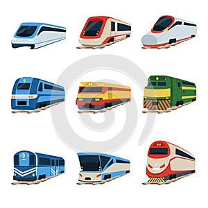 Train locomotive set, railway carriage vector Illustrations