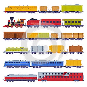 Train or Locomotive with Wagon Pulling Freight and Cargo Vector Set