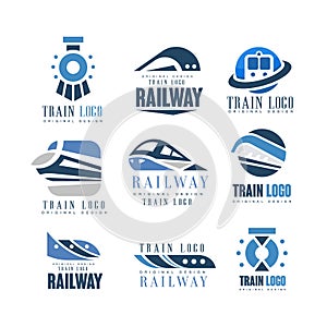 Train logo original design set, modern railway railroad transport emblem badge vector Illustrations
