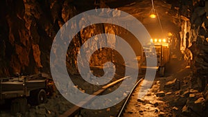 A train making its way through a tunnel that is filled with rocks that cover the tracks, underground mining tunne, AI Generated