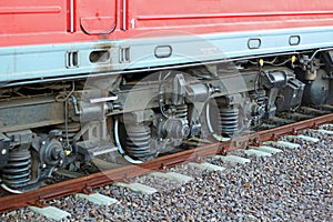 Train metal wheels and suspensions on the railway