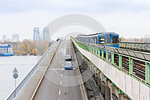 Train on metro subway bridge over the river Dnieper, Kiev, Ukraine