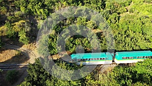 Train mooving through the forest, wineries alonong the banks of Maule river near Constitucion in Chile