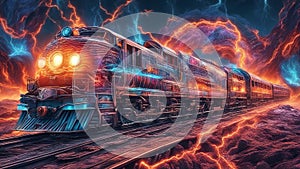 train in motion train driving through fire and ice, with lightning sinister complimentary colors,