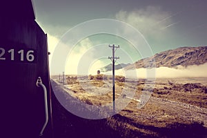 Train in Mountain fields landscape, New Zealand