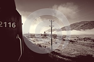 Train in Mountain fields landscape, New Zealand