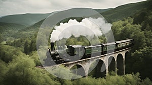 train in the mountains A vintage steam train crossing a stone bridge over a valley. The train is puffing white smoke