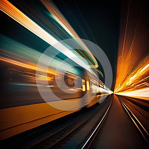 Train moving fast in tunnel at night. Motion blur. Abstract background.