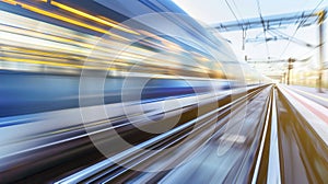 A train is moving on a track with a blurry background photo
