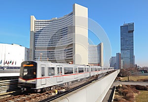 Train near UN building of United Nations