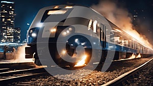 train in the night _A on fire fast train burning, exploding, on fire, flames shooting out that speeds through a cityscape