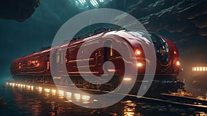 train at night underwater Luxury train under the ocean in a lightning storm. Sci fi fancy red gold detail