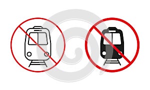 Train Not Allowed Road Sign. No Railway Transport Circle Symbol Set. Prohibit Traffic Railroad Red Sign. Railway Station