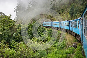 Train from Nuwara Eliya to Ella among tea plantations in the highlands of Sri Lanka