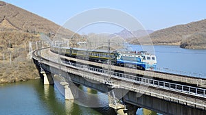 A  train passes through Xinzhuang  reservoir photo