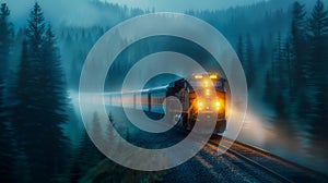 Train Passing Through Foggy Forest