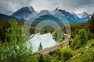 Train passing through Morant`s Curve in bow valley, Banff Nation