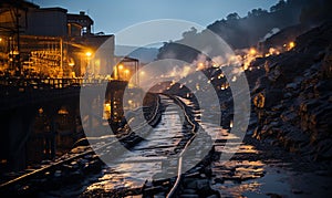 Train Passing by Mountain Along Train Tracks