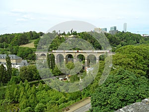 Train passing the Passerelle, 24 Arches Viaduct in Luxembourg City