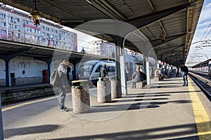 Train on the platform of Bucharest North Railway Station