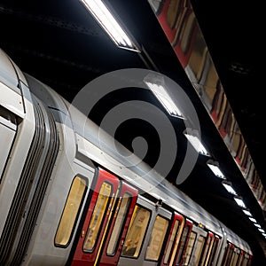 Train on the platform at Euston Square Underground Station, London UK, showing reflection of train on ceiling above.