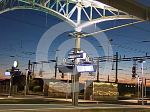 Train platform at sunset Lausanne, Switzerland with unique color scheme