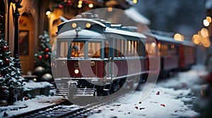 Train Pulling into the Station on a Snowy Christmas Night. Generative AI