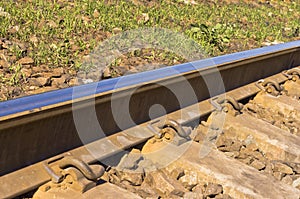 Train rail on crossties showing pandrols