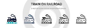 Train on railroad icon in filled, thin line, outline and stroke style. Vector illustration of two colored and black train on