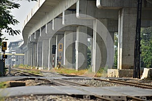 Train Railroad tracks closeup.The length of the railway track.Railroad.Train