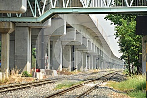 Train Railroad tracks closeup.The length of the railway track.Railroad.Train