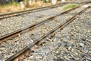 Train Railroad tracks closeup.The length of the railway track.Railroad.Train