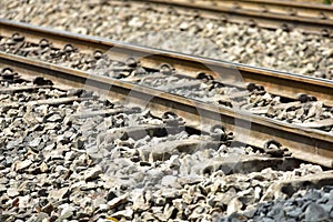 Train Railroad tracks closeup.The length of the railway track.Railroad.Train