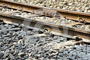 Train Railroad tracks closeup.The length of the railway track.Railroad.Train