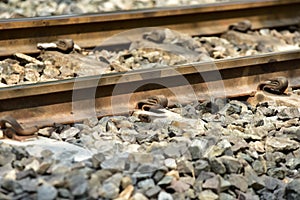 Train Railroad tracks closeup.The length of the railway track.Railroad.Train