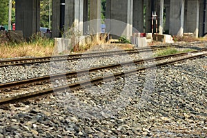 Train Railroad tracks closeup.The length of the railway track.Railroad.Train