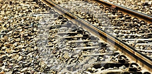 Train Railroad tracks closeup.The length of the railway track.Railroad.Train