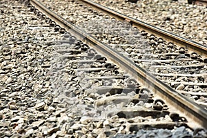 Train Railroad tracks closeup.The length of the railway track.Railroad.Train