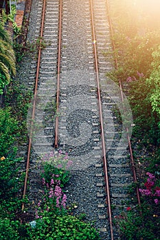 train railroad tracks in the street in the station