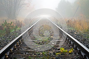 Train rails in foggy weather