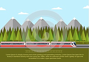 Train on railway with forest of conifers and mountains. Flat style vector illustration