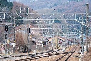 train railway at Narai-juku preserved town, Kiso valley
