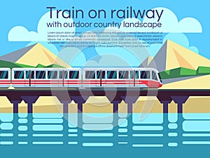 Train on railway with outdoor country landscape. Vector travel concept background