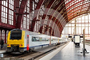 Train on railway station, travel in Europe