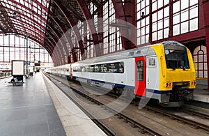 Train on railway station, travel in Europe