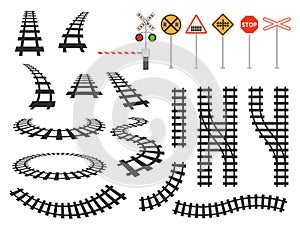 Train railway tracks curved silhouette, barrier and road signs. Railroad perspective and top map view. Tram winding
